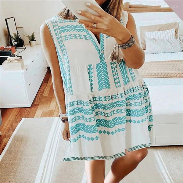 Robes décontractées Summer Boho Mini pour femmes sans manches col en V robe sexy volants chic 23XL robes en vrac Mujer