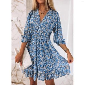 Casual jurken zomer boho -stijl bloemenprint jurk voor vrouwen mode korte mouw v nek chiffon high taille strand zonsondergang