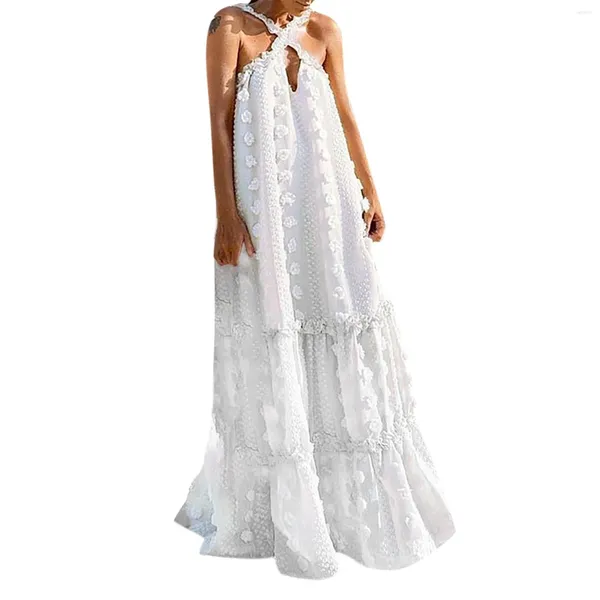 Robes décontractées Été Boho Robe blanche pour femmes Sexy Cross Halter Bohème Lâche Plage Longue 3D Fleur Dames Vacances Volants Robe