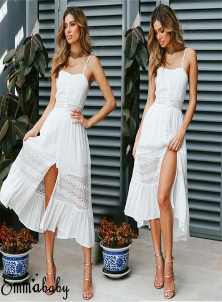 Vestidos casuales verano boho mujeres sexy vestido de encaje vneck fiesta playa sundress tiras largo maxi femenino negro amarillo rosa blanco6727100