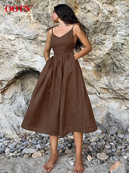 Vestidos casuales de verano Mujeres de vestir larga de lino marrón 2024 Fashion Pockets de color caqui