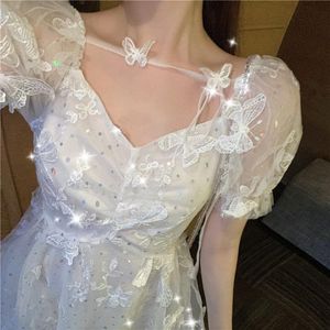 Casual jurken Summer Butterfly Tie Fairy Princess Dress 2023 Pailles Mesh Sweet Girl Puff Sleeve For Women Short Prom Dresscasual