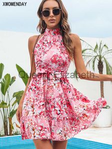 Casual Jurken Zomer Chiffon Jurk Vrouwen Sexy Bloemenprint Ruffle Bandage Vakantie Strand Zonnejurk Casual Roze Halter A-lijn Korte Jurken 2023 J230625