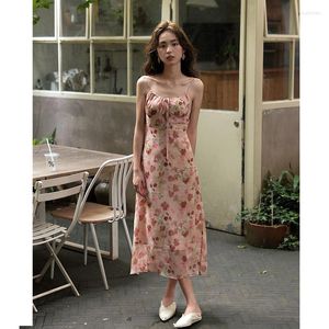 Casual Jurken Zomer Chiffon Bloemen Camis Lange Jurk Meisjes Hoge Taille Bladerdeeg Mouw Rekbare Rug Dunne Vestidoes Met Linning Voor Vrouwen