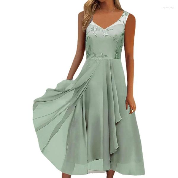 Robes décontractées été en mousseline de soie fête Robe mi-longue pour les femmes col en v sans manches Femme Robe impression évider gaze mariée Vestidos De Mujer