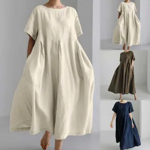 Robes décontractées Été Coton Lin Maxi Robe Couleur Unie Col Rond Lâche Manches Courtes Plissée Swing Pour Les Femmes Élégantes