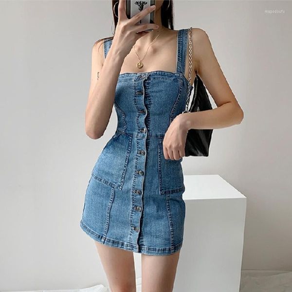 Casual Jurken Zomer Denim Korte Jurk Slip 2023 Patchwork Ontwerp Koreaanse Stijl Retro Rok Over De Knie Mini