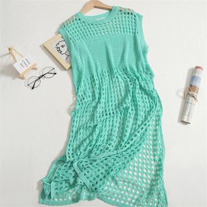 Casual jurken Zomerontwerper Hollow Out Crochet Dress Women O-Neck losse T-shirt Mouwloze High Split Holiday Beach Dressescasual