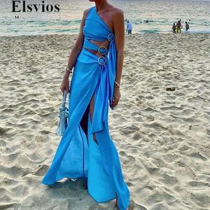 Casual jurken zomer diagonale kraag onregelmatige strandjurk dames solide spleet lang Hawaii sexy verband gesp