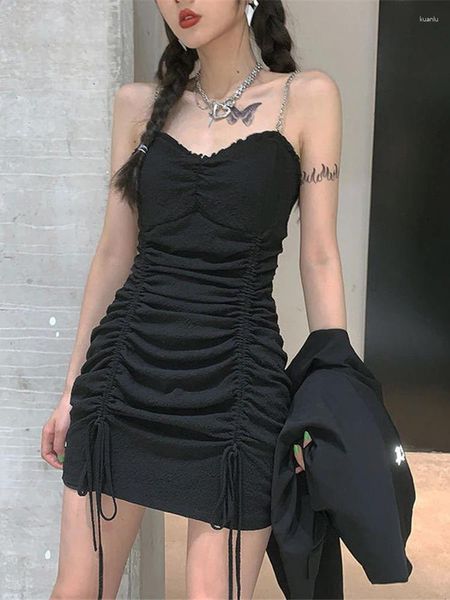 Robes décontractées robe d'été 2024 femmes noire mini y2k hauteur hauteur gothique gothique en dentelle volants goth vêtements goth