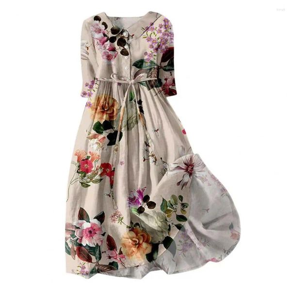 Robes décontractées Robe d'été Bohème Floral Print Midi avec détail à lacets Silhouette A-ligne pour les femmes Spring Fashion Déclaration Voyage