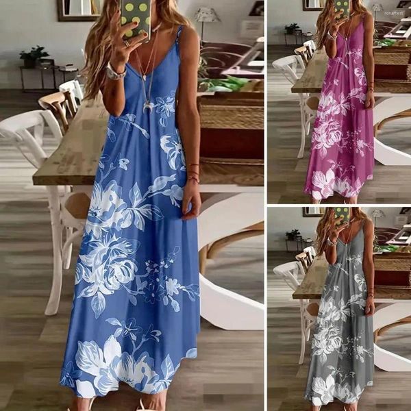 Vestidos casuales Vestido de verano Estilo bohemio Estampado floral Maxi para mujeres Vacaciones Playa Sundress con cuello en V Diseño de tiras Ajuste suelto