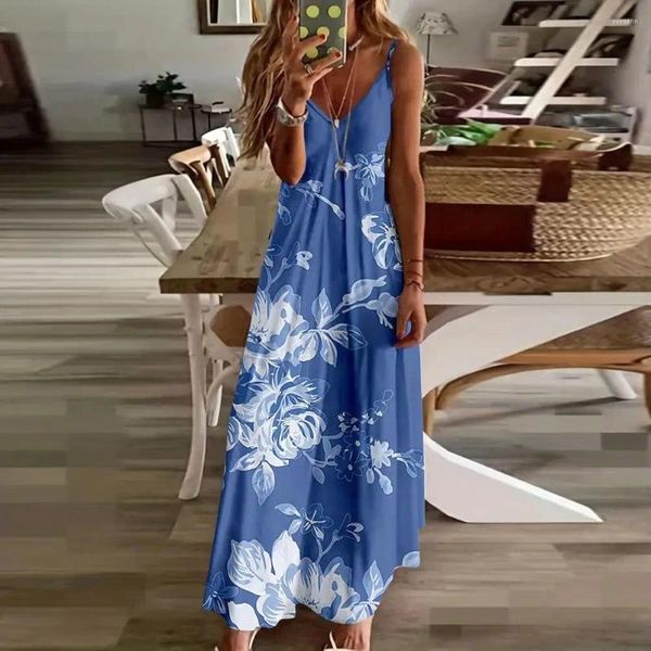 Vestidos casuales Vestido de verano Estilo bohemio Estampado floral Maxi para mujeres Vacaciones Playa Vestido de verano con cuello en V Diseño de tiras Ligero