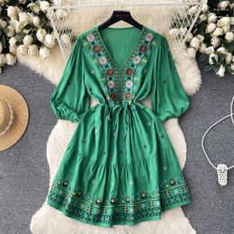 Casual Jurken Zomer Jurk Boho Borduurwerk Bloemen V-hals Voor Vrouwen 2023 Bohemian Losse Vintage Vestidos Elegantes Folk Drop