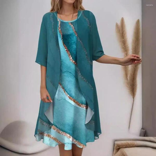 Vestidos casuales vestidos de verano elegantes estampados florales juego de abrigo para mujeres con goma de gasa irregular longitud de rodilla formal midi cárdigan para un