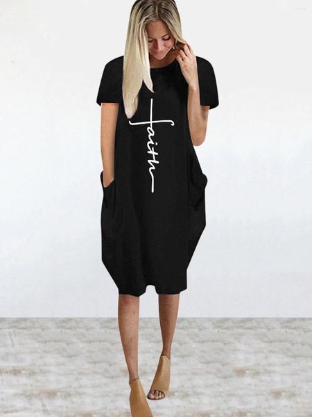 Abiti casual Abito estivo Harajuku Stampa floreale Lettera T-shirt nera allentata Manica corta coreana Streetwear Solid Cute Women Sundresses