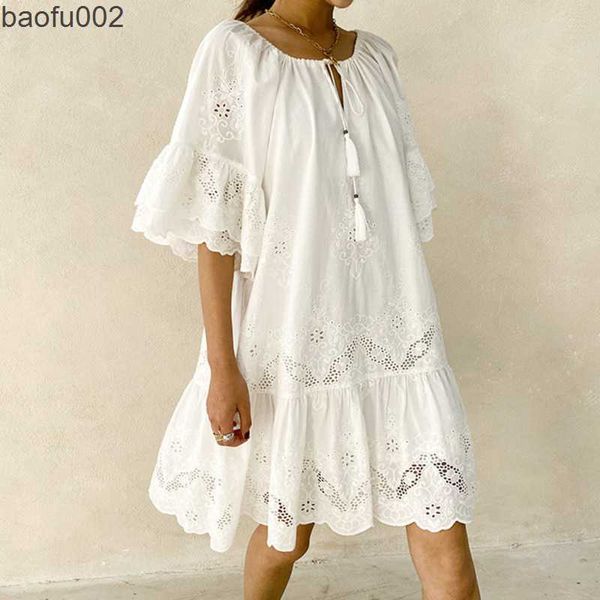 Robes décontractées Robe d'été jupe midi robes en coton femmes lâche dentelle blanche évider robes broderie pull vacances plage Boho court W0315