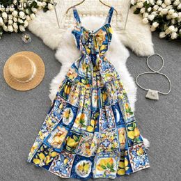 Casual jurken zomerjurk vrouwen 2022 mode Boheemse lange jurken vakantie elegante sexy riem citroen print runway vrouwen jurk w0315