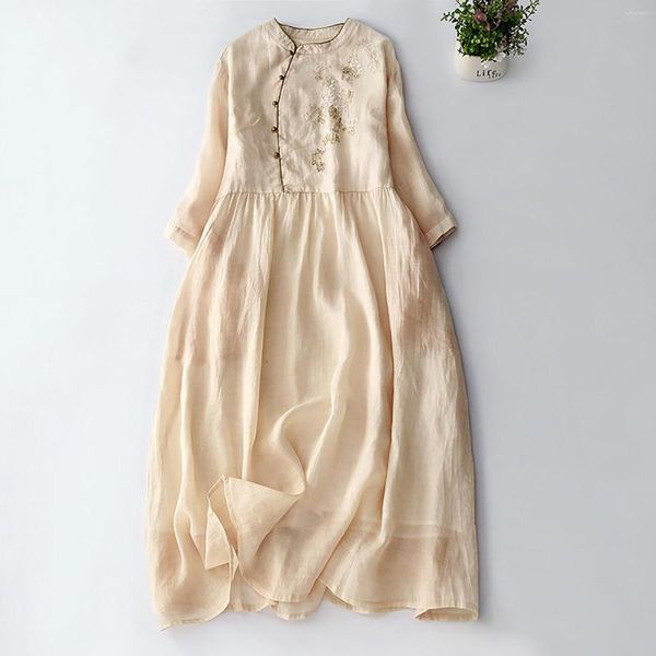 Robes décontractées robe d'été femmes 2023 coton lin ample plissé longs vêtements pour en broderie florale Vintage