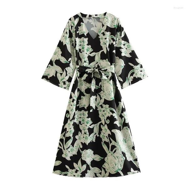 Robes décontractées robe d'été femmes 2023 mode rétro fleur imprimer col en v ceinture droite vacances Chic rue jeunesse fête vêtements