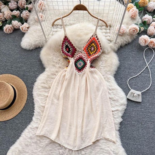 Robes décontractées Robe d'été Femmes 2024 Vêtements Bohème Vintage Crochet Patchwork Boho V Cou Spaghetti Sangle Courte