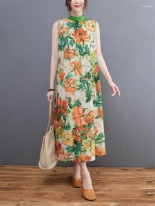 Casual jurken zomerjurk vrouwen 2024 mode bedrukte etnische stijl mouwloze tanktop retro katoenen linnen lange vintage kleding k668