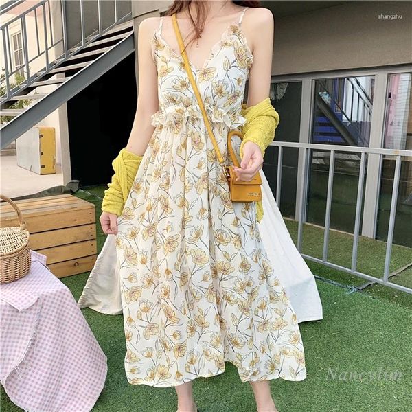 Robes décontractées Robe d'été Femmes En Mousseline De Soie Imprimé Floral Spaghetti Sangle Vacances Voyage Plage Porter Filles Dames Robes Nancylim