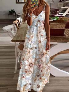 Vestidos casuales Vestido de verano Mujer Suelto Floral Cuello en V largo Sexy Modis Señoras Sin mangas Slip Mujer 2023