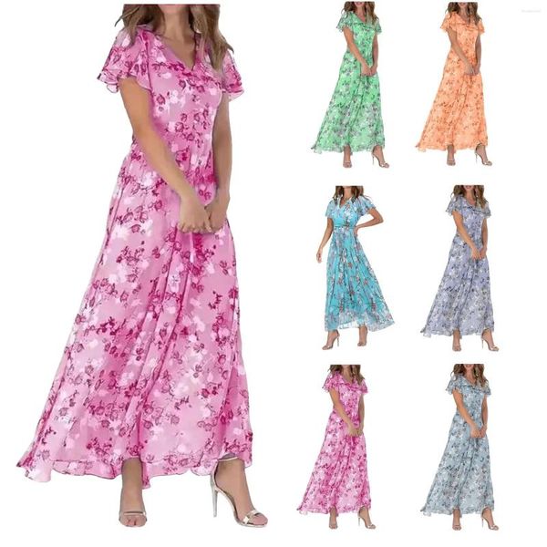 Vestidos informales Vestidos de verano Chiffon Feman's Floral Swing Long Beach Voliday Sundress 2024 Manga corta V Neck Fashion Flowy