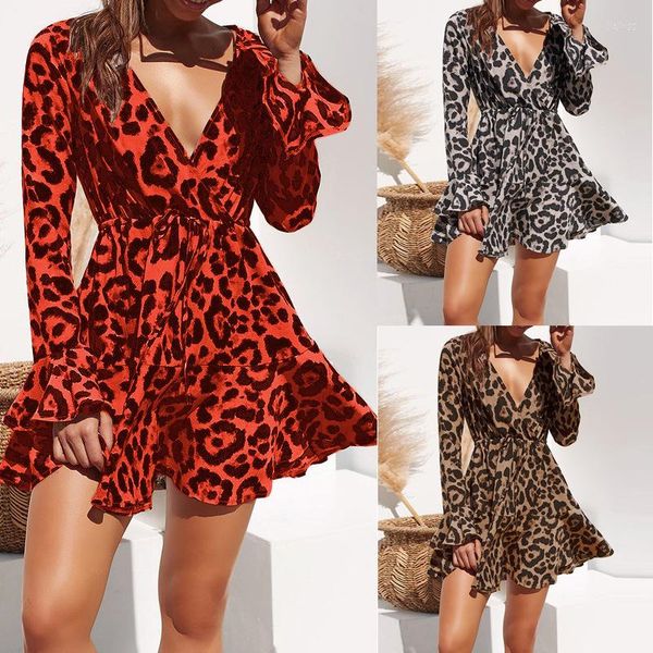 Robes décontractées robe d'été femmes Sexy col en V imprimé léopard en mousseline de soie volants de plage à manches longues a-ligne Mini robes de soirée