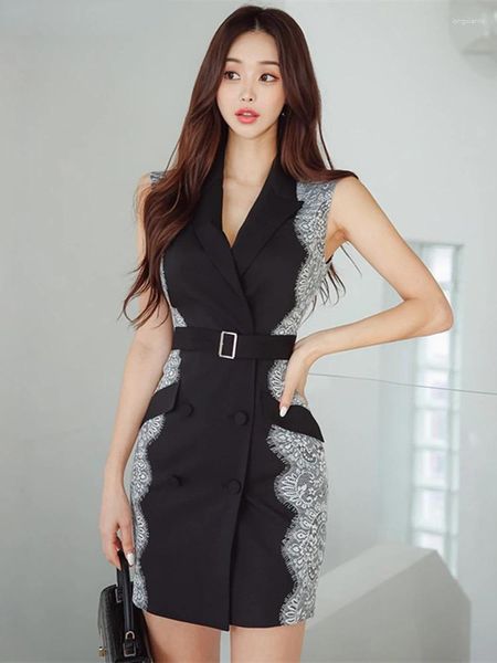 Vestidos casuales Verano Eelgant Blazer Vestido Mujer Moda coreana Sin mangas Doble botonadura Patchwork Mini Bodycon Office Lady