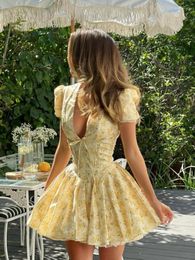 Casual jurken zomer elegante print diepe v-neck mini jurk vrouwen mode korte puff mouw geplooDed 2024 chic lady feest strand vestidos