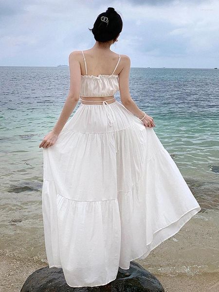 Robes décontractées Été élégant blanc longue robe 2023 mode féminine sexy spaghetti sangle dos nu femme bohême plage robes