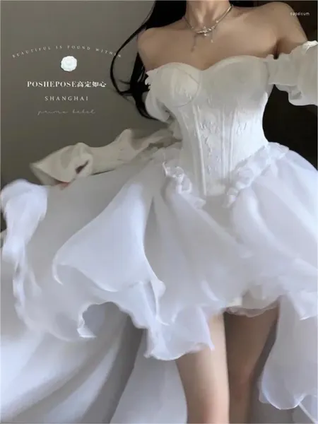 Robes décontractées Été élégant blanc hors épaule fée 2023 femme chic princesse bouffée robe d'anniversaire maille fête de mariage tenues pour les femmes
