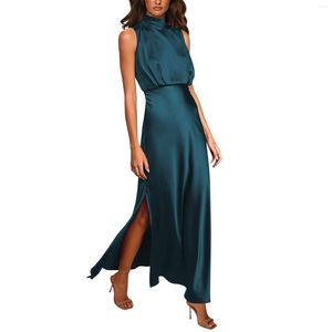 Vestidos casuales Verano Elegante Mujer Largo Formal Satén Mock Neck Sin mangas Ranura lateral Flowy Maxi Tank Mujer Fiesta Noche