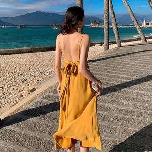 Casual jurken zomer sprookjesgele jurk voor vrouwen Boheemse vakantievak outfits dunne hoge taille a-line elegant feest strandkleding stevige kleur