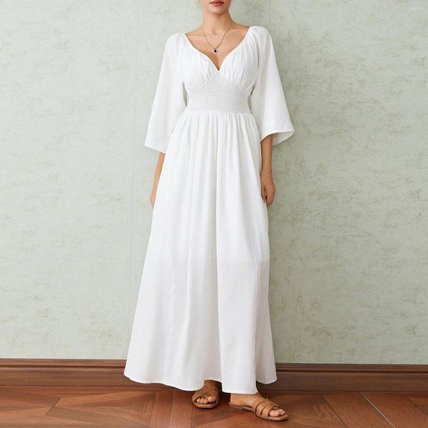 Robes décontractées Été Automne Élastique Taille Haute Élégante Fête Longue Robe Femmes Solide Manches Évasées Col V Slim Pour Plage Vacances Femme