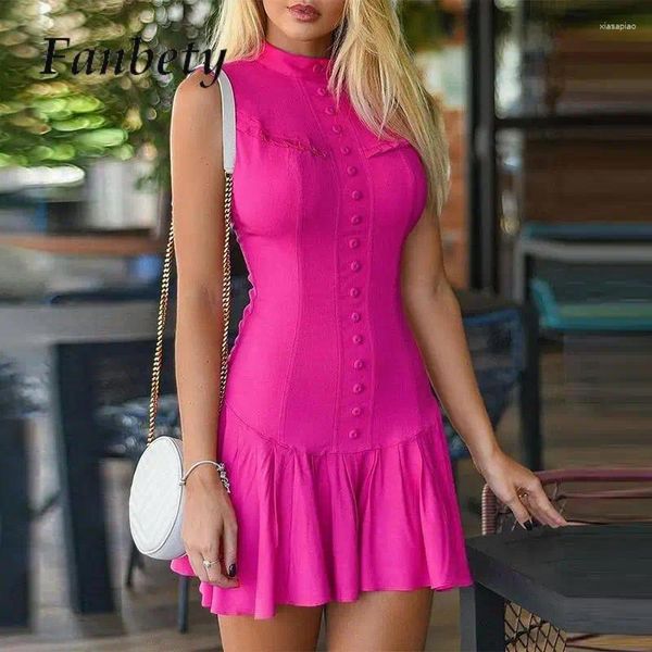 Vestidos informales de verano Fashion Elegant Slim Ruffle Vesting Sexy Smifre-Breasted Rose Red Women Commute sin mangas mini