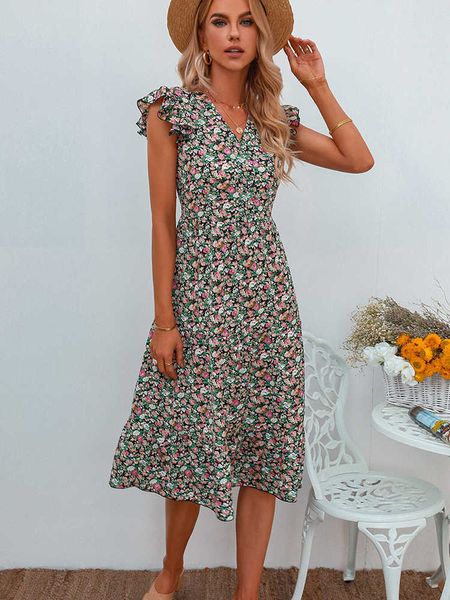 Vestidos casuales Moda de verano Floral Midi Vestido Mujer Estampado con cuello en V Vestido sin mangas Boho Beach Vestido de una línea Casual Street Vintage Mujer Vestido G230311