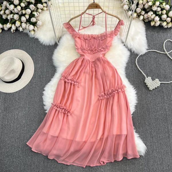 Robes décontractées mode Summer Luxury Pink Robe Long Robe Back Vacation Jupe enveloppée