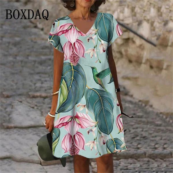 Vestidos casuales Verano Moda Patrón Planta Flores Impresión 3D Vestido de manga corta para mujer Vestido de gran tamaño con cuello en V Vestidos de una línea