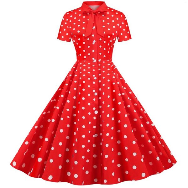 Vestidos informales de verano estilo de moda lunares de manga corta bowknot estampado swing swing femenino