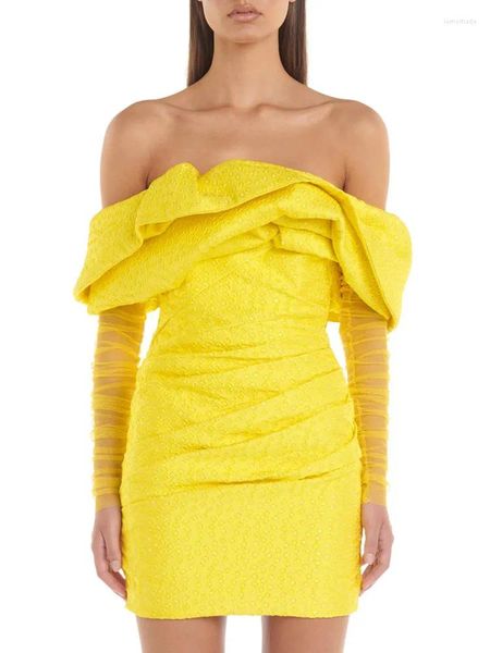 Robes décontractées Mode d'été Femmes Sexy Hors Épaule Mesh Manches Longues Volants Jaune Mini Robe 2023 Élégante Soirée Club Fête