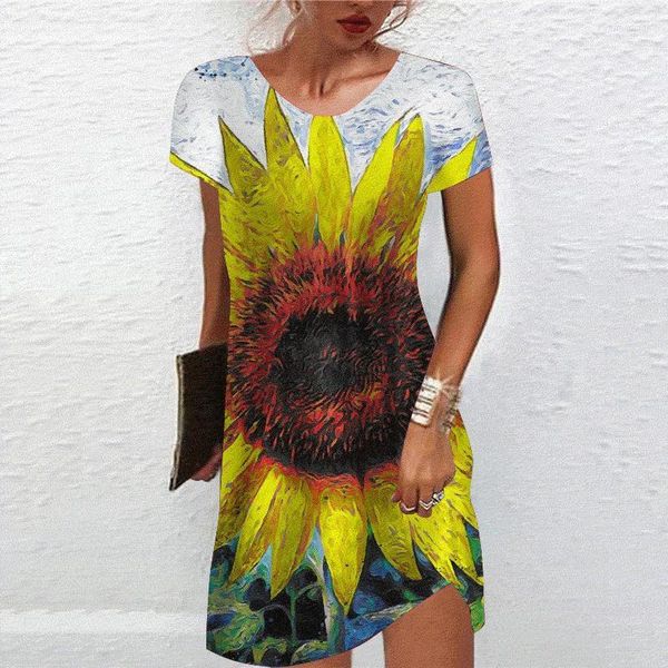 Vestidos casuales Vestido de verano para mujer Estampado de girasol en 3d Tallas grandes Bohemio Vacaciones Mujeres Vintage Ropa de moda regular