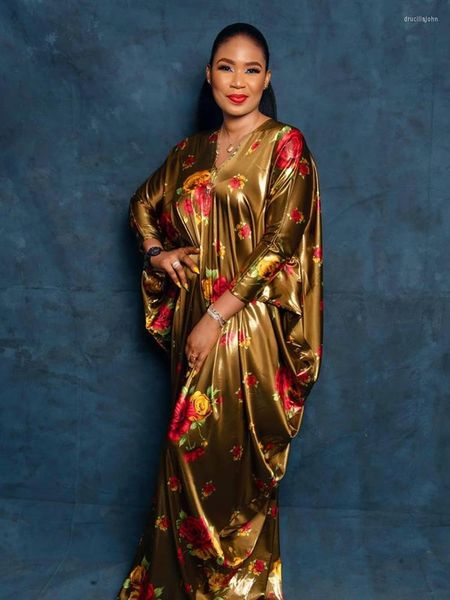 Robes décontractées été imprimé fleuri dames Robe manches évasées africaine pour les femmes Dashiki traditionnel col en V Robe en soie