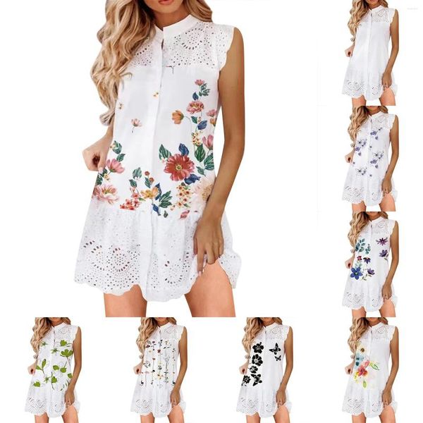 Robes décontractées Robe imprimée florale d'été pour femmes sans manches chemise à volants à simple boutonnage élégant demi-col roulé