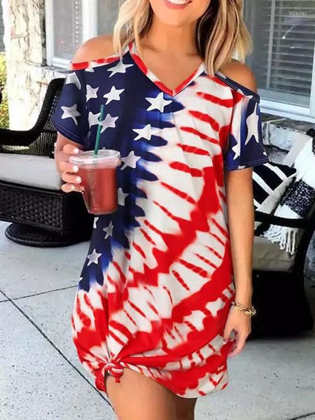 Vestidos casuales de verano para mujeres 2023 bandera americana estrella hombro frío Mini vestido con cuello en V recto manga corta Vestidos bata