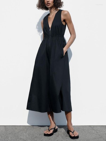 Robes décontractées été pour femmes sans manches col en V robe noire femmes vêtements 2023 avant fermeture éclair taille élastique Midi longue