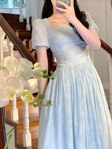 Casual jurken zomer Frans elegante vierkante kraag geplooide taille korte jurk blauw lange mouw chiffon vestidos de fiesta para bodas