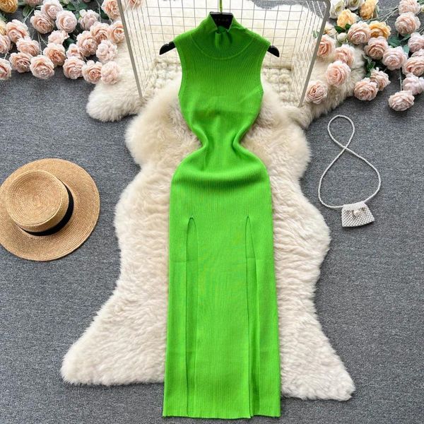 Robes décontractées Summer Green Front Split Femme Tricoté Wrap 2024 Taille haute sans manches Gaine Party Robe longue Femme